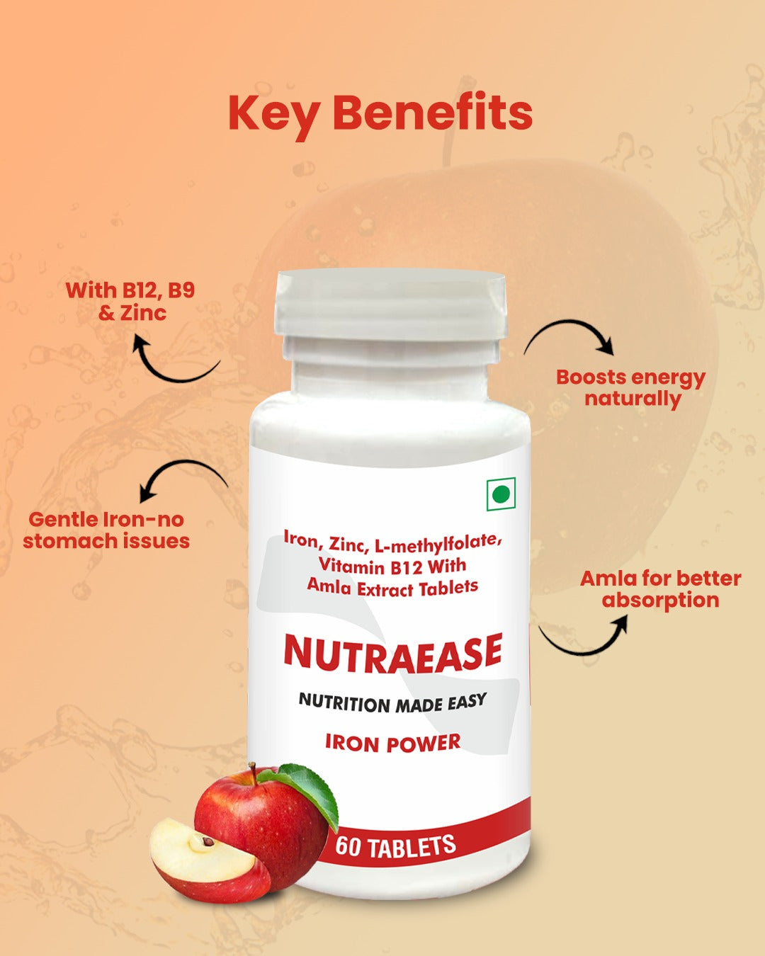 NutraEase Iron Power Tablets key benefits: B12, B9 and zinc, gentle on the stomach, amla for better absorption